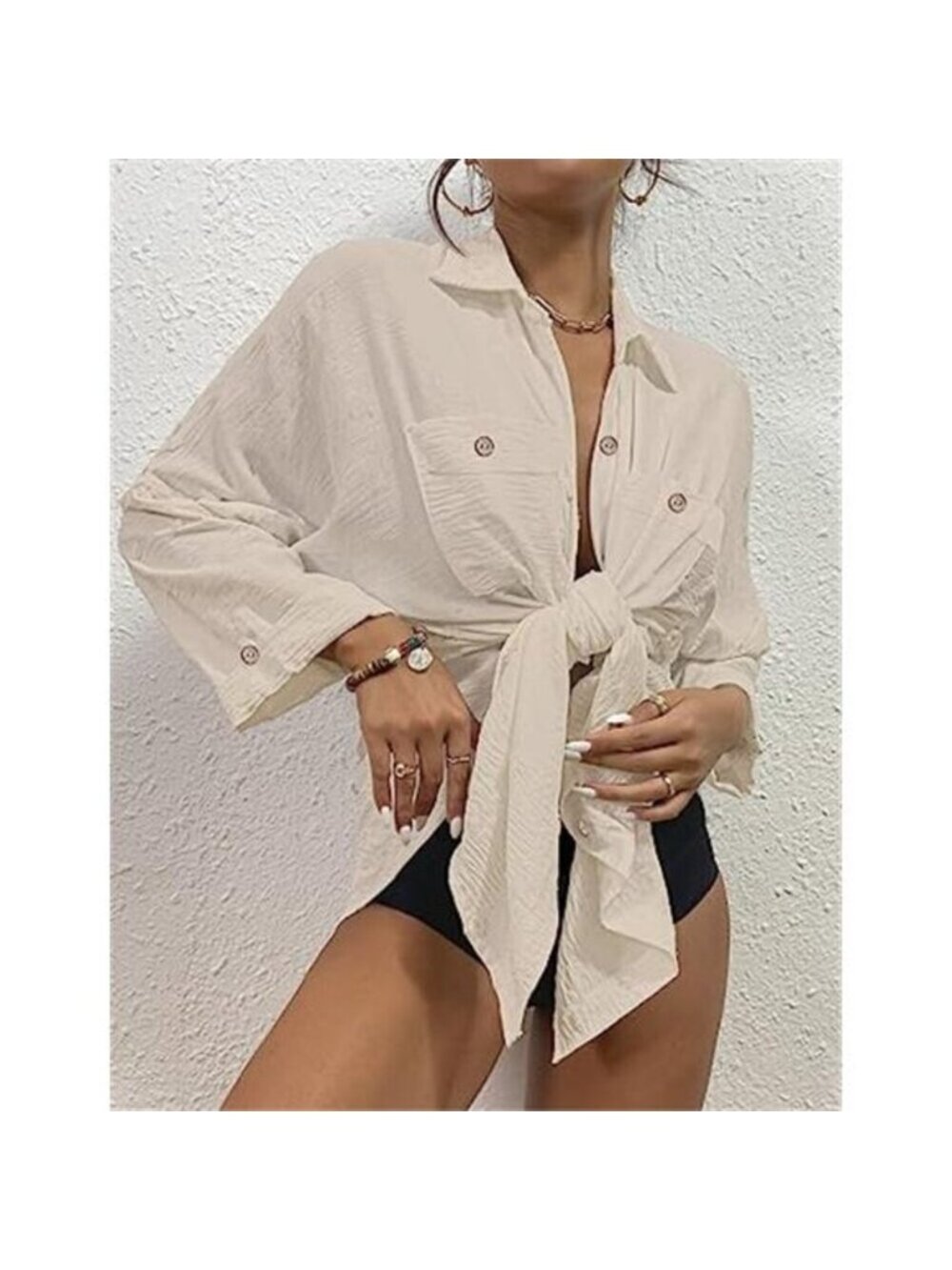 Women's Modern Swimsuit Cover Up Blouse Button Down Shirt Dress Top - Picture 2 of 6